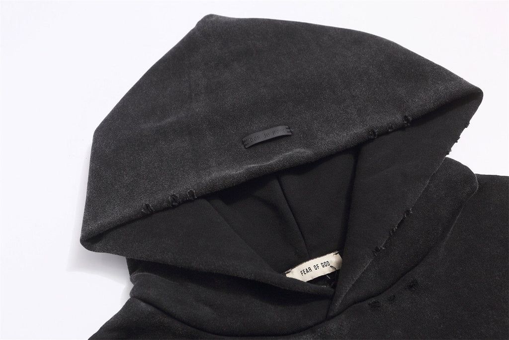 FEAR OF GOD FOG Main Line Cracked Letter Print Washed Ripped Fleece‑Lined Unisex Hoodie